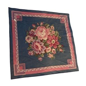 Vintage Blue & Pink Floral Blue Bandana Head Scarf Pocket Large Square 16X16”